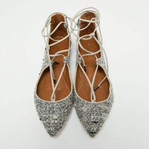 Aquazzura Christy Tweed Lace-up Ballet Flats Size 40.5 Grey/Black  Ankle…